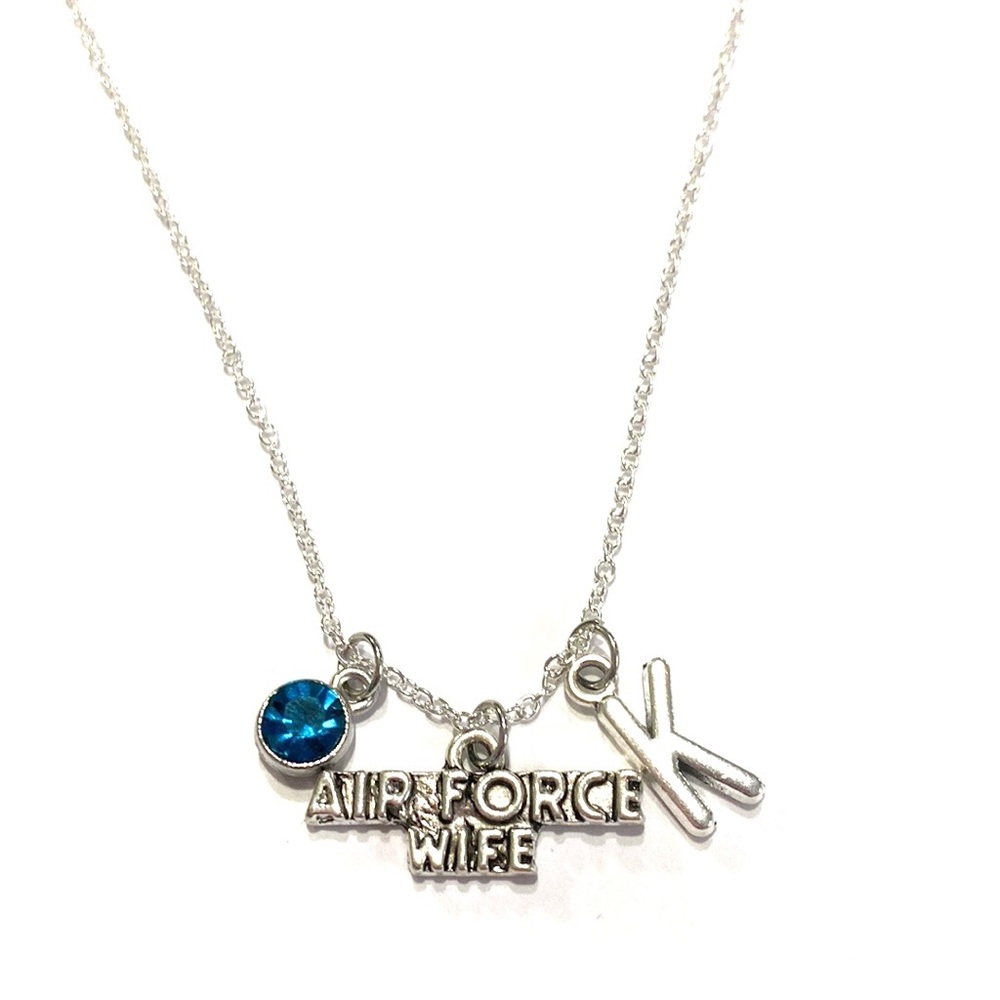 Air Force Wife Necklace Silver Tone Personalized Initial Birthstone Mili…